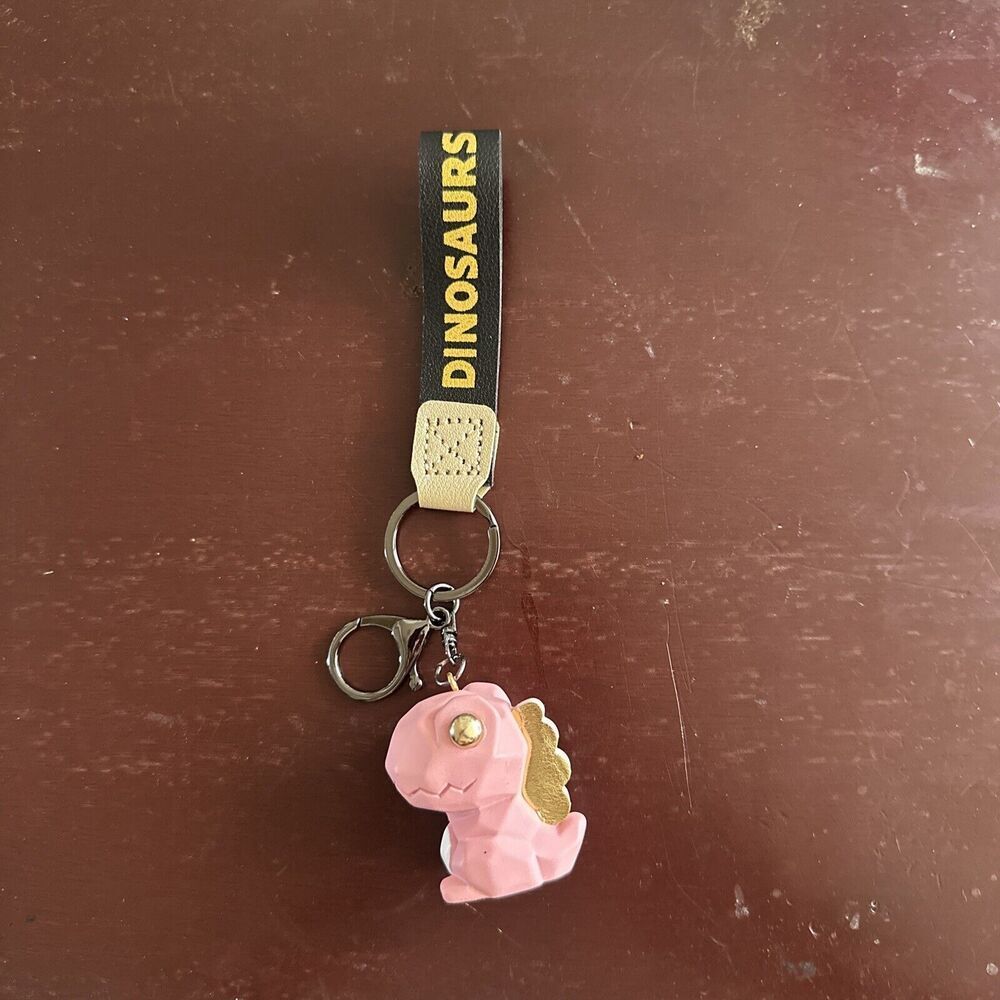 Pink Plastic Dinosaur Keychain with Faux Leather Strap Cute Bag Charm Accessory